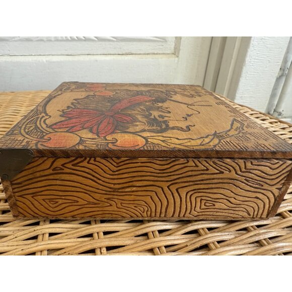 Antique 1910s Flemish Art Pyrography Hanky Box Art Nouveau Lady Cherries - Picture 7 of 8